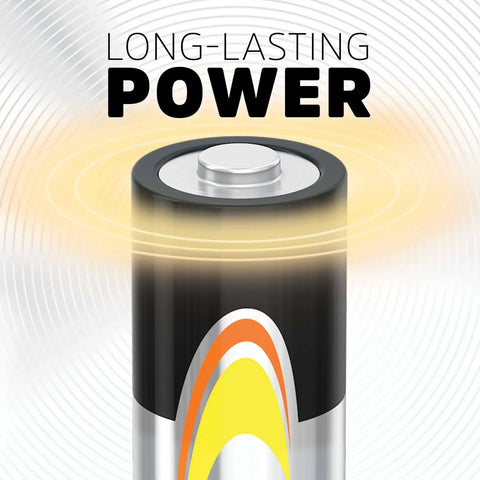 Dependable Alkaline Double A Batteries 32 Pack Stacked With Long Lasting Power For Everyday Gadgets And Emergency Supplies showing battery top.