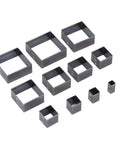 Leather Punch Tool Set With 12 Square Cutting Die Sizes From 5mm To 60mm for DIY leather crafting, showing all die sizes.