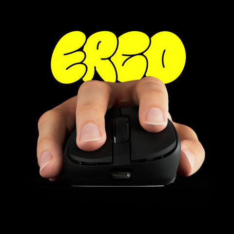 Featherweight Optical Gaming Mouse With Slick Ergonomic Frame Ultra Low Latency Tracking For Crisp Aim Weighs Just Forty Four Grams So You Move Quick Zero Drag Grip And Tough Switches For Grinding Out Win Streaks, hand gripping mouse from above on black background.