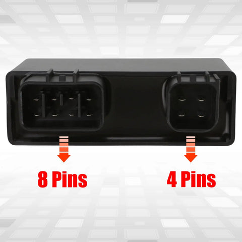 Pro Grade CDI Box Replacement For Yamaha YFZ 450 And Honda ATVs, showing 8 pin and 4 pin connectors for compatibility