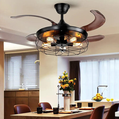 42 Inch Ceiling Fan With Lights Remote Control And Retractable Blades In Vintage Industrial Cage Black Finish over dining area