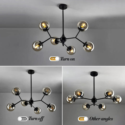 6 Light Rustic Vintage Chandelier With Glass Globes Black Mid Century Pendant Lighting For Dining Room Living Room Foyer
