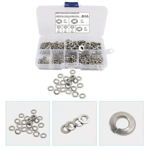 350 Pieces Stainless Steel Lock Washer Kit For Screws Bolts And Automotive And Household Repairs shown in open storage box