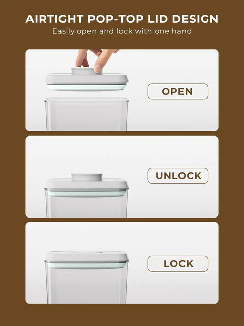 Airtight Food Storage Containers With One Hand Pop Lid Four Pack Four Point Two Two Quart Stackable Modular Organizers lid handling