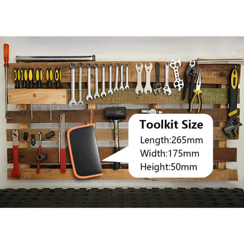 21 In 1 Soldering Iron Kit with tools displayed on wall, carrying case dimensions highlighted