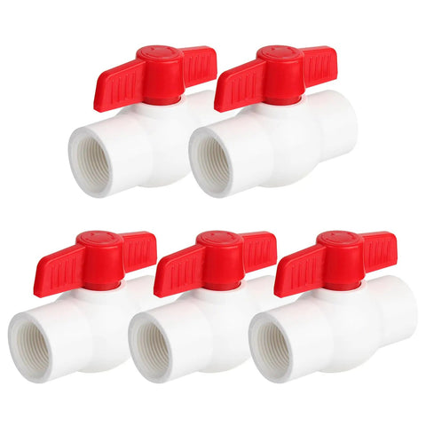 Five Pack 1 Inch PVC Ball Valves with T Handle Water Shut Off, 1 Inch Female Threaded NPT, PVC Ball Valve 150 PSI for Pool