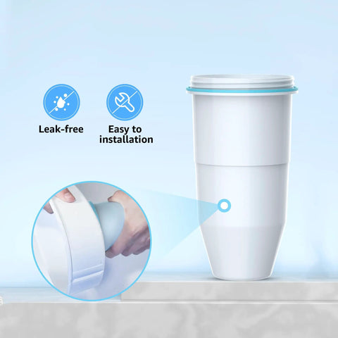 Top Notch Water Filter For ZeroWater Pitcher And Dispenser, showing leak-free and easy installation features.