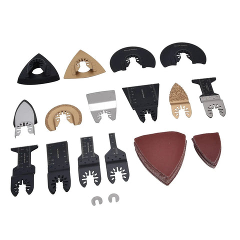 Storage Case 81-Piece Oscillating Saw Blade Kit with High Carbon Steel Multitool blades, sanding pads, and sand papers displayed