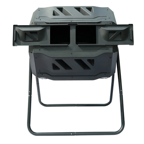 Front view of Dual Chamber Tumbler Composter With 42 Gallon Capacity For Yard, Garden And Kitchen Waste, Outdoor Rotating Bin
