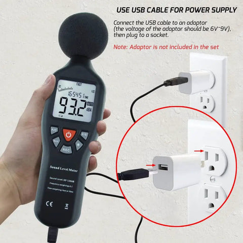 Go-To Portable Decibel Meter With Data Logger, 30 To 130 dB Range, handheld showing screen and USB connection to power outlet