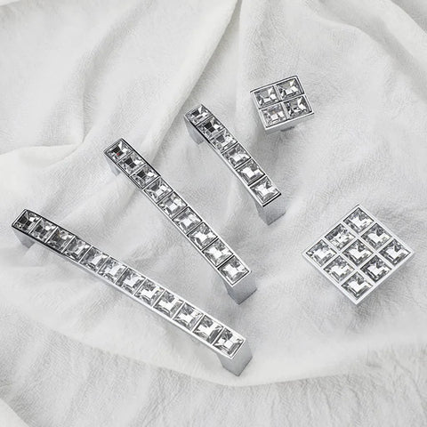 Six Pack U Shape Crystal Glass Drawer Pull Knobs For Cabinets And Dressers With Zinc Alloy Base Modern Shiny Silver Handles