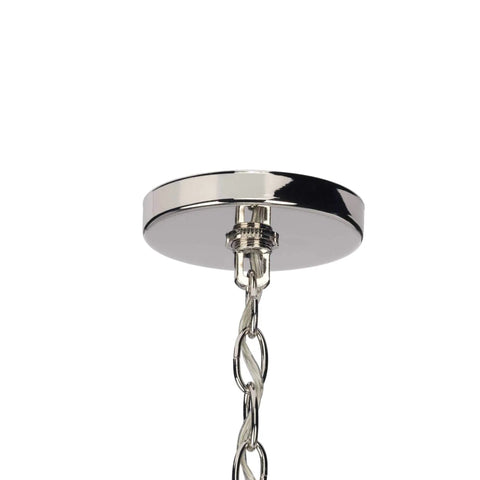 Ceiling mount of Three Light Polished Chrome Coastal Pendant Light With Clear Glass Shades For Entryways And Kitchen Islands; chain detail.