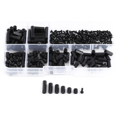 Rock Solid Nylon Hex Standoff Kit Featuring 250 Pieces Of M2 And M3 PCB Spacers with various black spacers organized in a storage box.