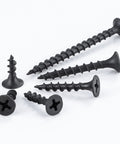 Number Six By One Point Twenty Five Inch Phillips Truss Head Drywall Screws Black Phosphate Heavy Duty Steel Bang For Buck Rock Solid Grip One Pound Pack For Wood Slate shown in various sizes.