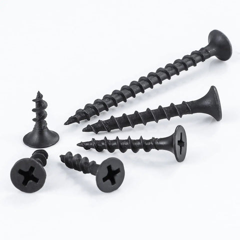 Number Six By One Point Twenty Five Inch Phillips Truss Head Drywall Screws Black Phosphate Heavy Duty Steel Bang For Buck Rock Solid Grip One Pound Pack For Wood Slate shown in various sizes.