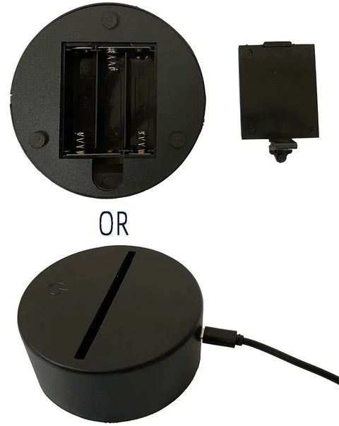 Base of 3D Baseball Night Light showing battery option and USB cord for power, part of Acrylic Illusion Lamp for Fans