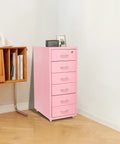 Heavy Duty Steel Rolling File Cabinet With Secure Key Lock And Smooth Swivel Casters For Under Desk Office Organizing, pink with five drawers.