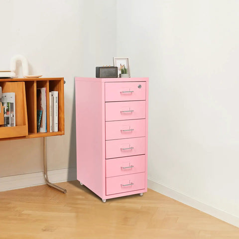 Heavy Duty Steel Rolling File Cabinet With Secure Key Lock And Smooth Swivel Casters For Under Desk Office Organizing, pink with five drawers.