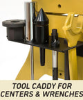 Tool caddy for centers and wrenches mounted on a yellow woodworking lathe