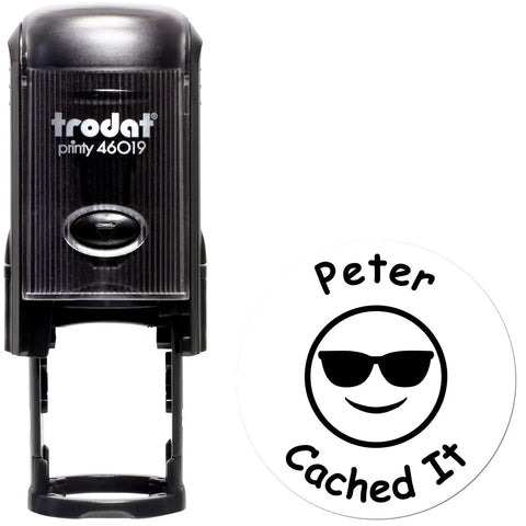 Geocache Found Log Stamp Kit Self-Inking 3/4 Inch Stamp With 11 Vibrant Ink Colors, featuring "Peter Cached It" design.