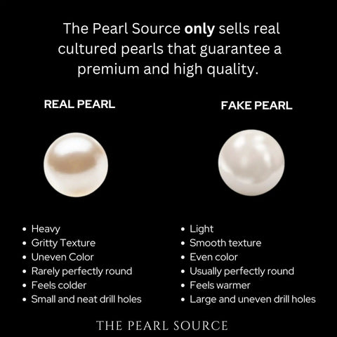 Comparison of real and fake pearls detailing texture, color, roundness, temperature, and drill hole differences by The Pearl Source.