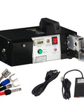 Pro Grade Electric Terminal Crimping Machine Built Like A Tank For Reliable Daily Use Features Seven Quick Swap Die Sets And Clean 110V Performance. Electric crimping tool with power switch and counter.