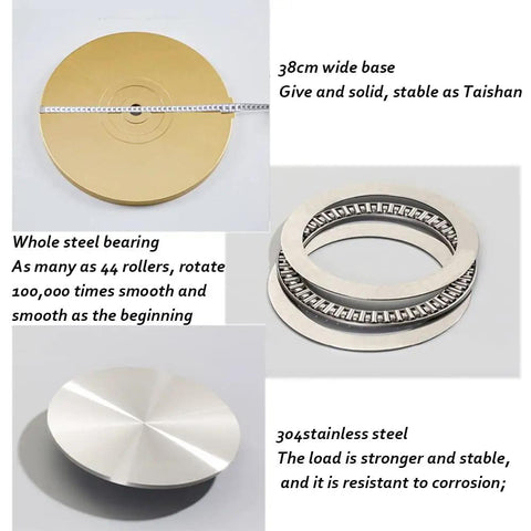 Components of Clear Tempered Glass 360 Degree Rotating Turntable Serving Tray, showing 38cm base and steel bearing.