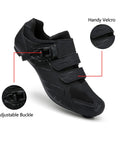 Mens Womens Cycling Shoes For Peloton Compatible With Clip In Look Delta Cleats Included Preinstalled Black US 13 EU 48 Road Bike Shoes Ready To Clip In And Ride All Day, showing adjustable buckle and velcro details.