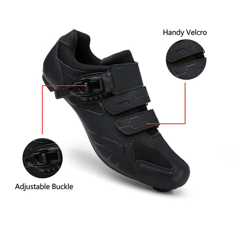 Mens Womens Cycling Shoes For Peloton Compatible With Clip In Look Delta Cleats Included Preinstalled Black US 13 EU 48 Road Bike Shoes Ready To Clip In And Ride All Day, showing adjustable buckle and velcro details.
