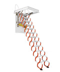 Heavy Hitter Electric Telescoping Attic Ladder Pull Down Folding Loft Stair with orange non-slip treads and carbon steel frame.