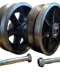 Front view: pair of 6-inch cast-iron V-groove wheels for sliding gates with bolts