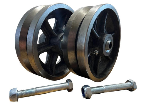 Front view: pair of 6-inch cast-iron V-groove wheels for sliding gates with bolts