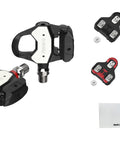 Assioma Pro RL-1 Power Meter Pedals For Look Keo With ±1% Accuracy, ANT+ And Bluetooth Connectivity, 160-Hour Battery Life shown with cleats and cloth