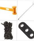 Heavy Duty Tent Stakes Ground Nails Kit components with hammer, sharp stake, rope, and buckle for camping tarp beach use.