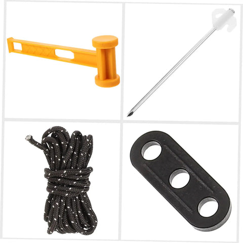 Heavy Duty Tent Stakes Ground Nails Kit components with hammer, sharp stake, rope, and buckle for camping tarp beach use.