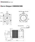 Servo motor UIM8696CMB diagram showing front and side views with mm dimensions, shaft and mounting holes