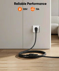2 Pack 1 Foot Power Extension Cord 16 AWG Right Angle Low Profile AC Adapter Extension Wire near wall outlet on hardwood floor.