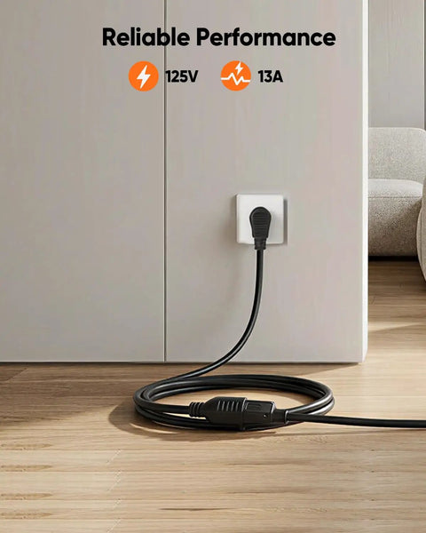 2 Pack 1 Foot Power Extension Cord 16 AWG Right Angle Low Profile AC Adapter Extension Wire near wall outlet on hardwood floor.