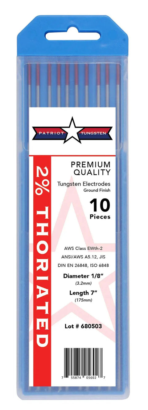 2 Percent Thoriated Tungsten TIG Welding Electrodes WT20 EWTh-2 Red One Eighth Inch Ten Pack For Pro And DIY Welders Arc-Stable Performance ANSI And AWS Compliant For Reliable Welds