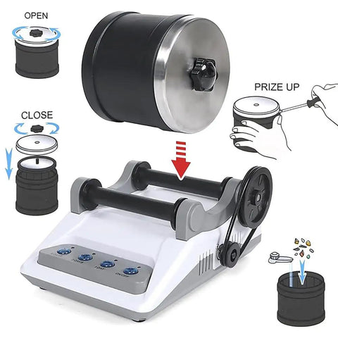 Rock Tumbler Polisher Kit With Electric Gem Grinder Detachable DIY Stone Polisher For Kids Of All Ages shown with lid removal steps