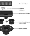 Exploded view of 6 Inch Square Shower Drain With ABS Flange Base In Matte Black 304 Stainless Steel High Flow Floor Drain Removable Grate And Hair Strainer showing components.