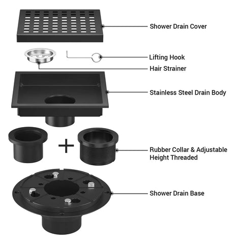 Exploded view of 6 Inch Square Shower Drain With ABS Flange Base In Matte Black 304 Stainless Steel High Flow Floor Drain Removable Grate And Hair Strainer showing components.