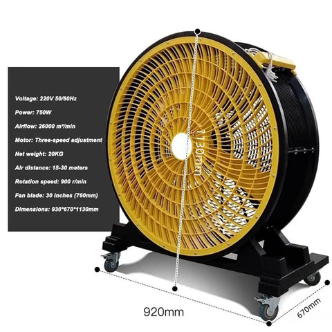 Premium 220V Heavy Duty Floor Fan With 92 Cm Wide Diameter And Tough As Nails Steel Build Delivering Beast Mode Three Speed Settings For Insane 30 Meter Airflow Range - side view showing dimensions and design details.
