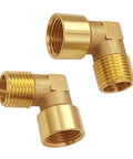 Top Shelf 2 Piece Brass Street Elbow Pipe Fitting 90 Degree 1/4 Inch Npt Male Female Connection Heavy Duty Forged Plumbing Hardware with shiny finish.