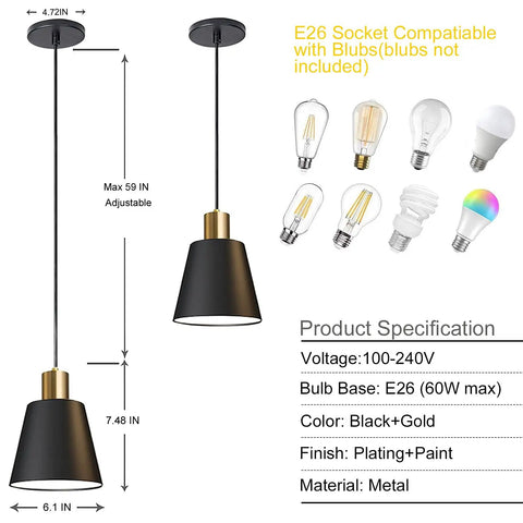 Three Pack Modern Black Pendant Lights For Kitchen Island And Dining Room With 59.1 Inch Cords Matte Black Finish E26 Bulb Compatible 6.10 By 7.48 Inch Dome Lampshade Hanging Light