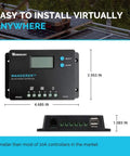 10 Amp 12V and 24V PWM Negative Ground Solar Charge Controller With LCD Display For AGM Gel Flooded And Lithium Batteries Wanderer 10A Smart 4 Stage Charging shown with dimensions and installation ease over solar panel setup.