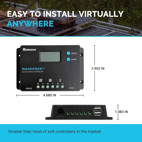 10 Amp 12V and 24V PWM Negative Ground Solar Charge Controller With LCD Display For AGM Gel Flooded And Lithium Batteries Wanderer 10A Smart 4 Stage Charging shown with dimensions and installation ease over solar panel setup.
