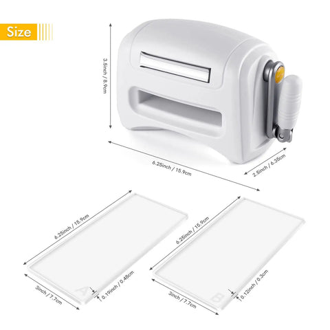 Portable Manual Die Cutting And Embossing Machine For DIY Crafting Hand Operated Paper Card Scrapbook Die Cutter shown with dimensions