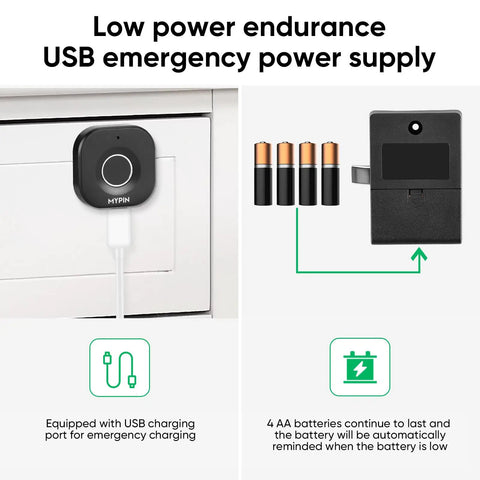 Smart Cabinet Lock With Fingerprint, Bluetooth App And Apple Watch Unlock showing USB and battery power options