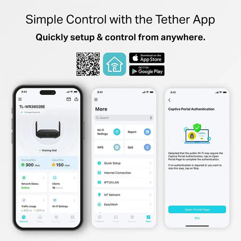Tether app interface for Roam 6 AX1500 Portable WiFi 6 Travel Router Dual Band For Easy Public WiFi Sharing Hotel RV Travel Approved.